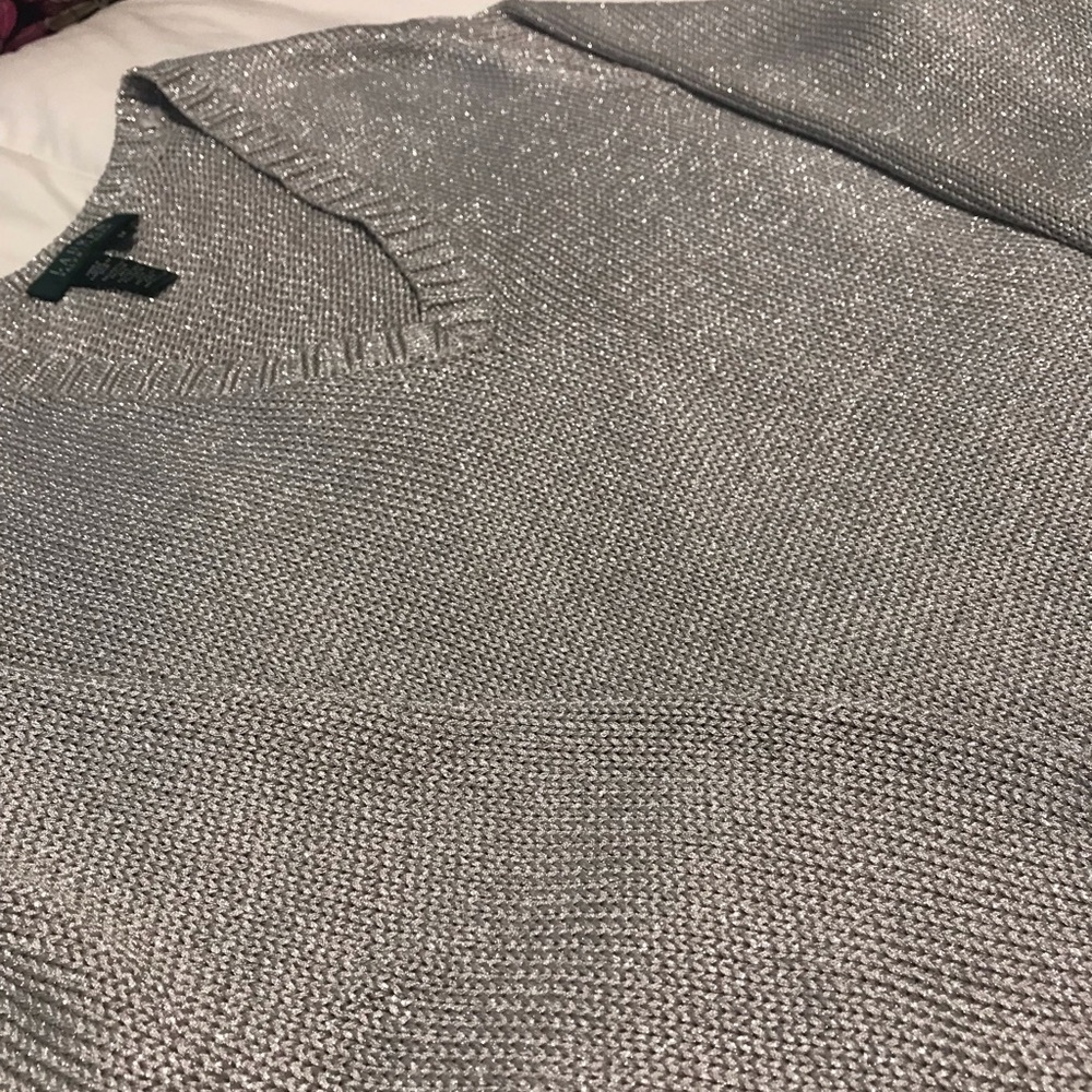 Ralph Lauren Silver Gray V-Neck Knit Sweater with Decorative Trim